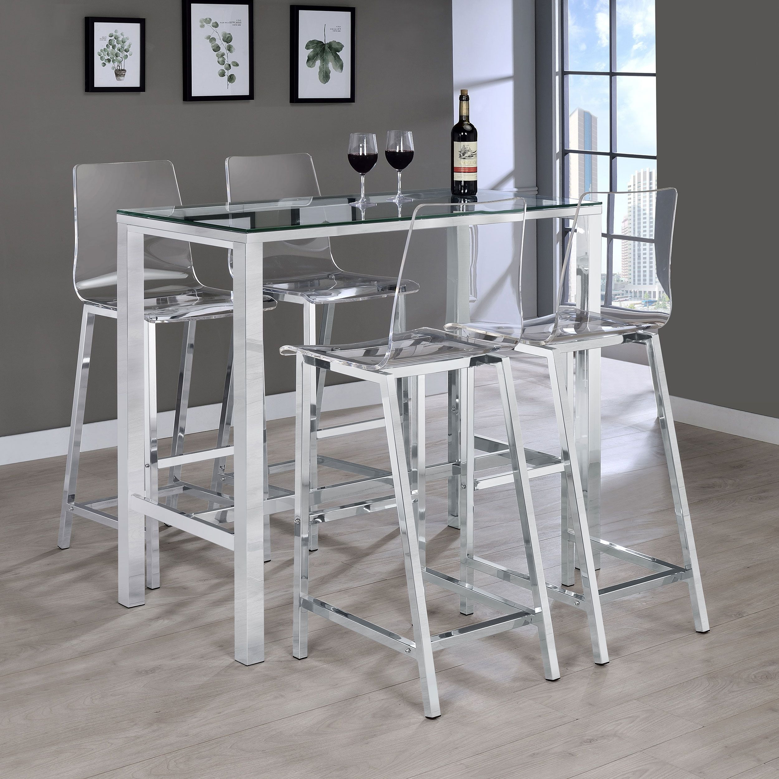 Clear Glass and Chrome 5-Piece Bar Set with Acrylic Chairs