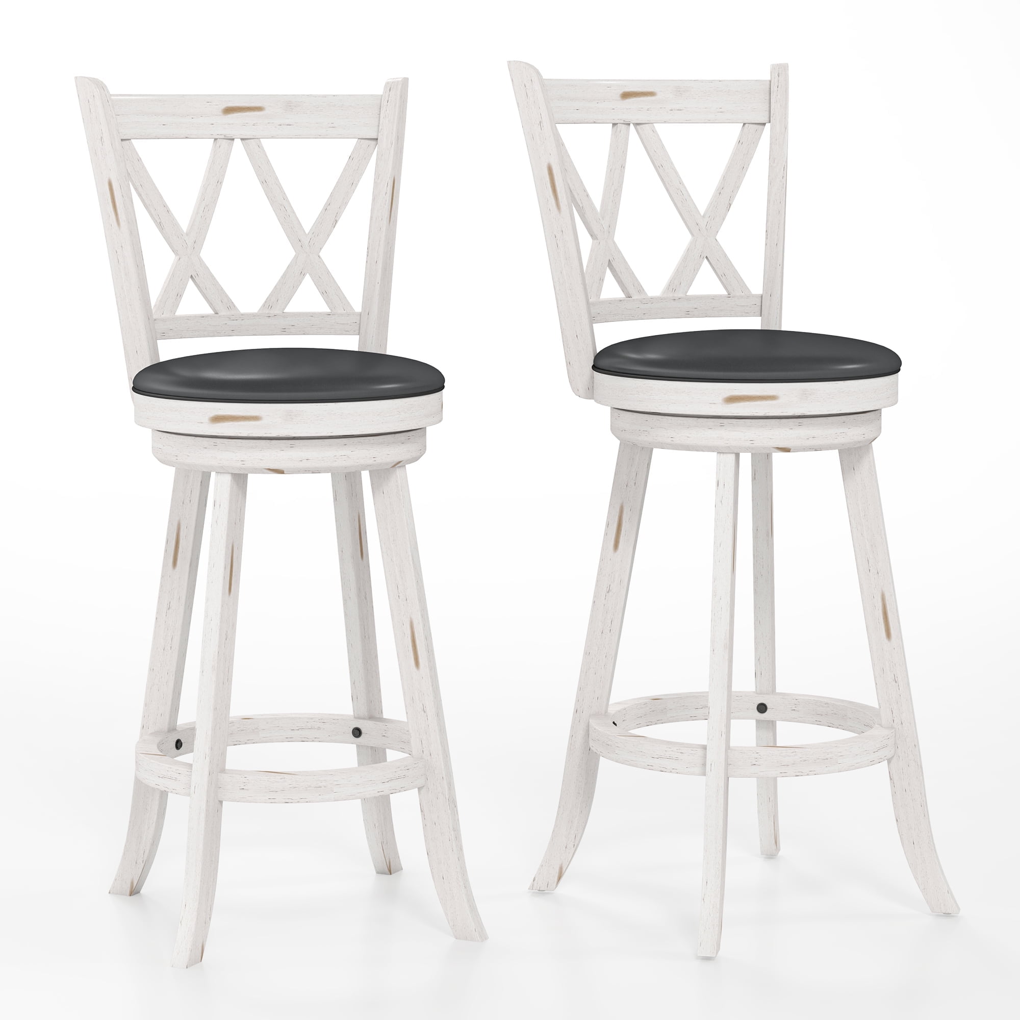 White and Gray Wood Swivel Bar Stools with Upholstered Seat