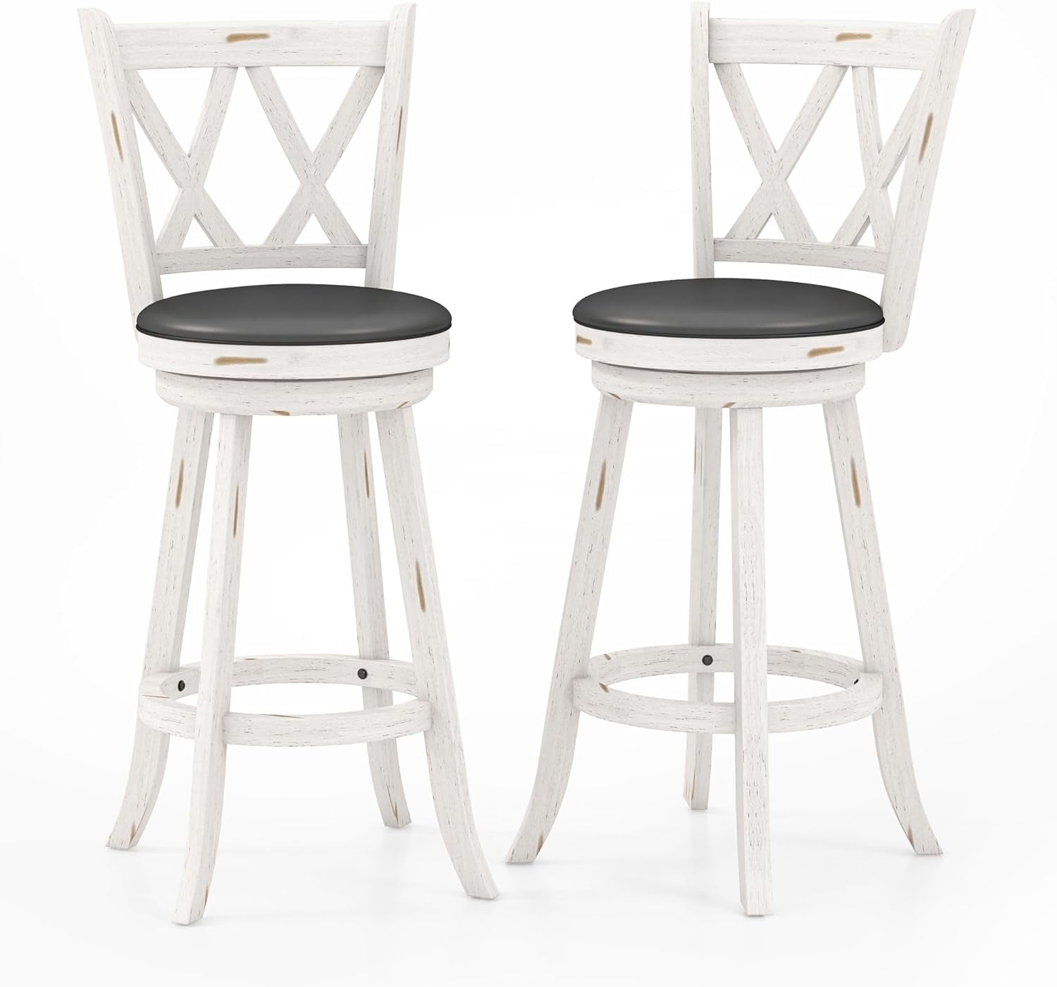 White and Gray Wood Swivel Bar Stools with Upholstered Seat