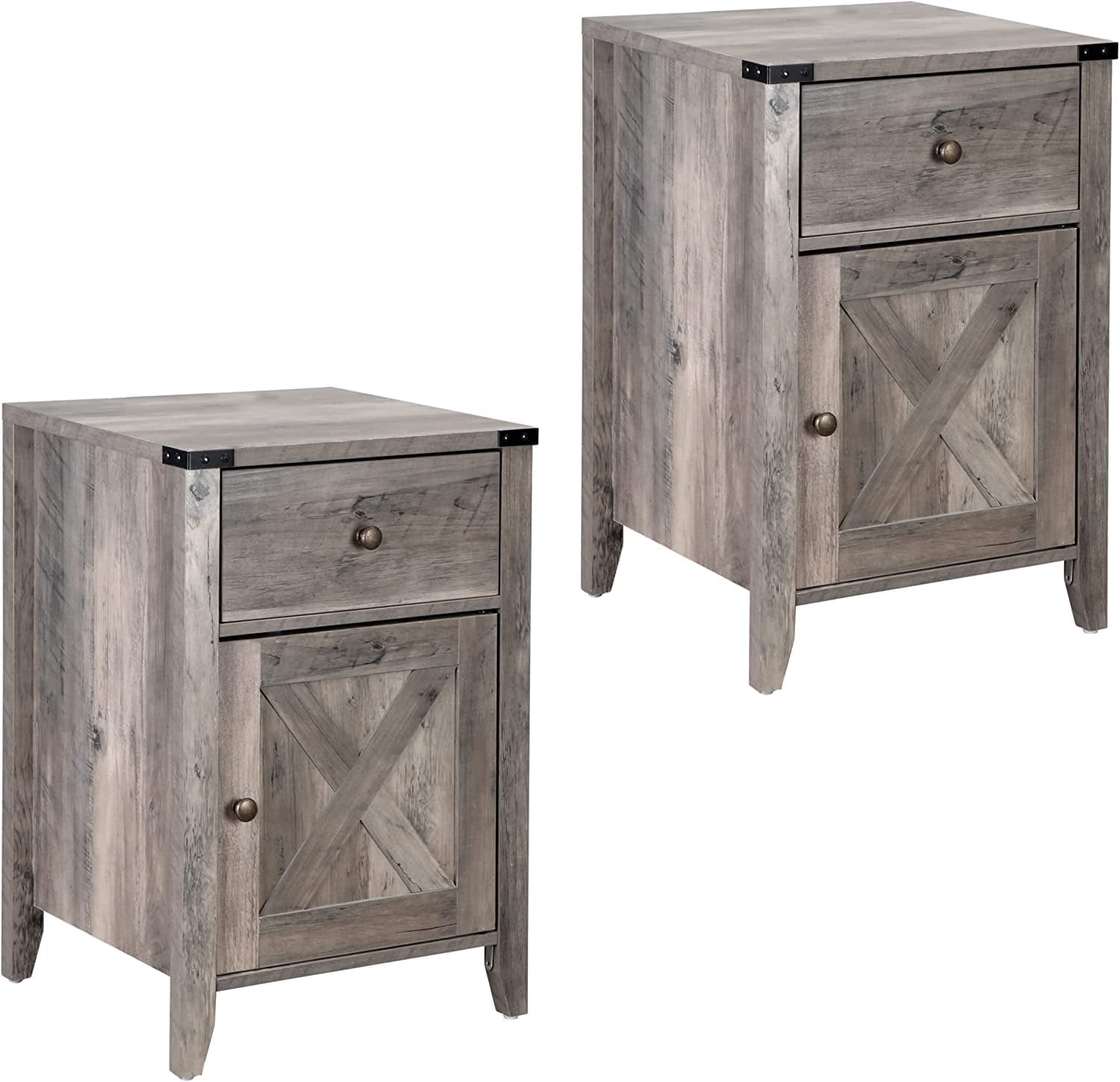 Tolead 2 Piece Barnwood Rustic Nightstand with Barn Door and Drawers, Living Room, Bedroom, Gray