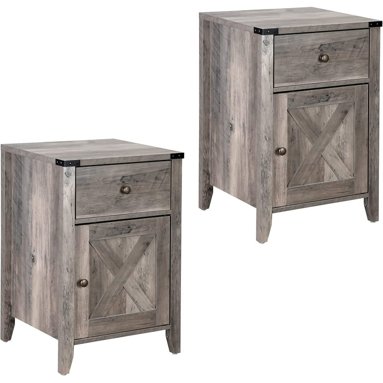 Tolead 2 Piece Barnwood Rustic Nightstand with Barn Door and Drawers Living Room Bedroom Gray