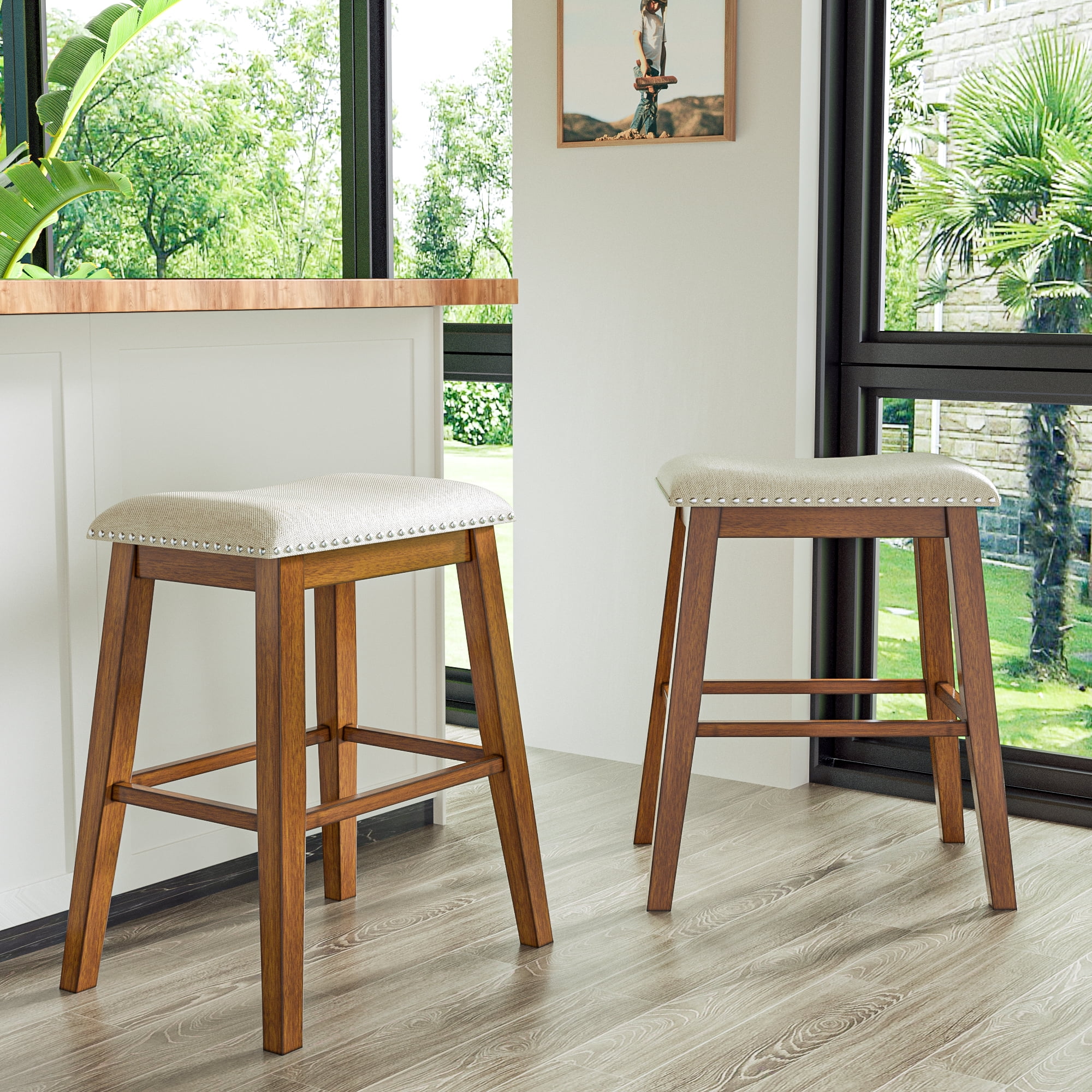 Tolead 29 Backless Upholstered and Saddle Cushion Seat Bar Stools Set of 2 Beige Walmart
