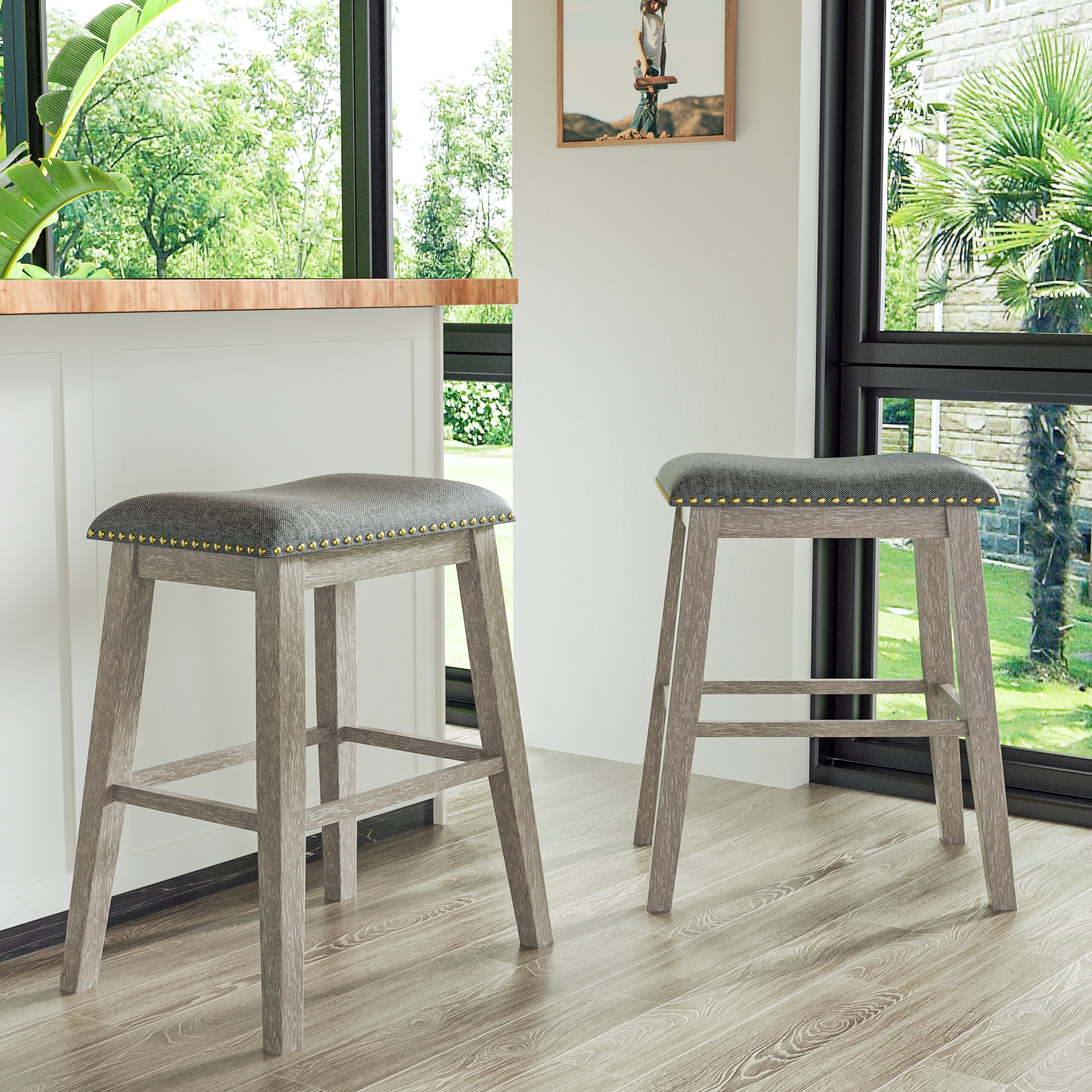 Tolead 24 Upholstered Backless Barstool with Saddle Cushion Seat Set of 2 Beige Walmart
