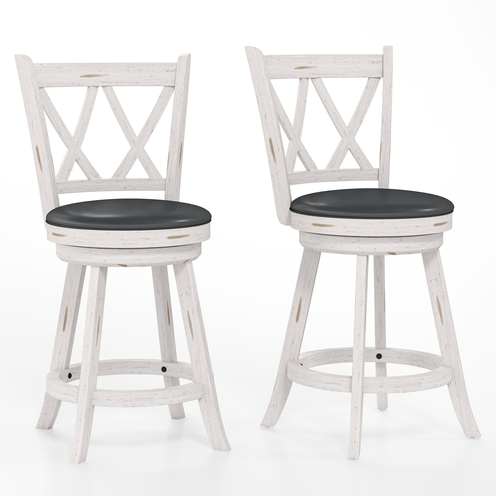 White Swivel Counter Stools with Faux Leather Seats, Set of 2