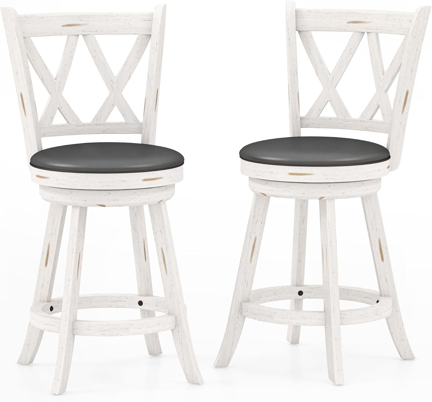White Swivel Counter Stools with Faux Leather Seats, Set of 2