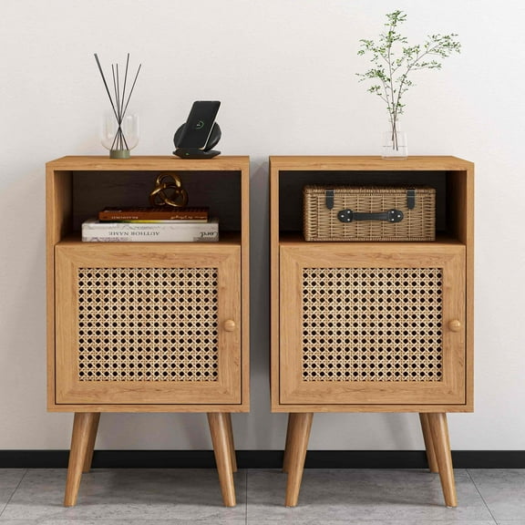 Tolead 2Pcs Rattan Nightstand Set, Boho Side Table with Handmade Rattan Decorated Drawer, Natural