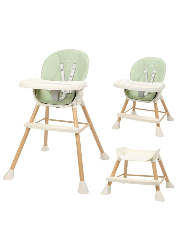 Tolead 3-in-1 Convertible Baby High Chair with 2-Level Height Adjustable Legs, 3-Level Adjustable Tray for Babies and Toddlers, Baby Highchair with 5-Point Safety Belt & Footrest, Green