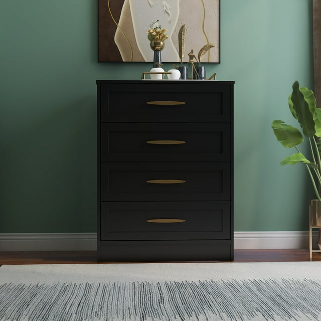 Tolead 4 Drawer Dresser, Black Chest of Drawers with Gold Handle & Wide