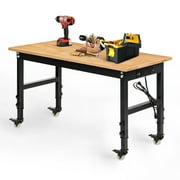 Tolead 48 Adjustable Heavy-Duty Workbench with Power Outlets, Rubber Wood, Metal Wheels