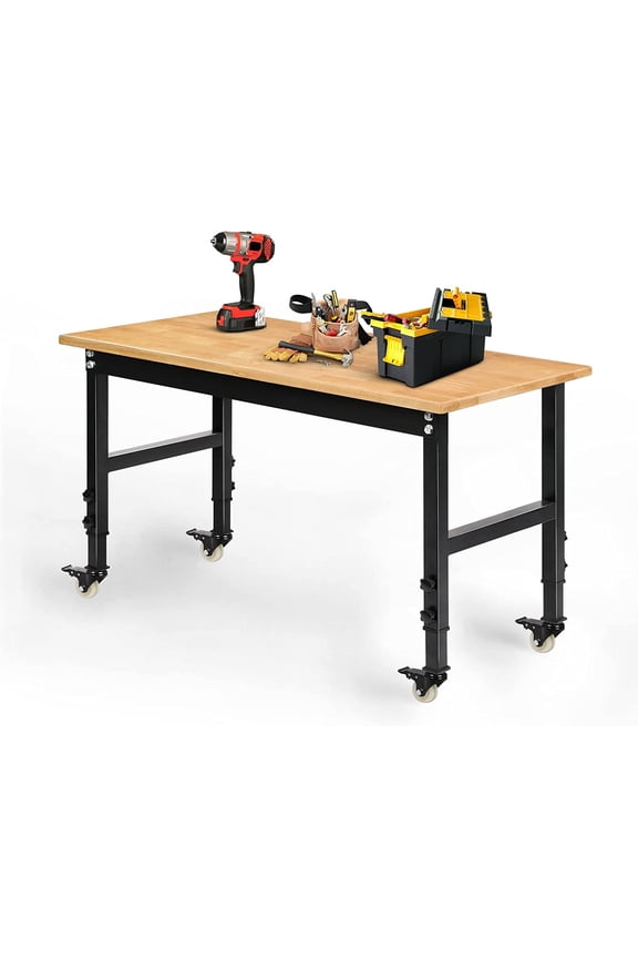 48" Heavy-Duty Adjustable Workbench, Rubber Wood Shop Table, Metal Wheels, Workstation