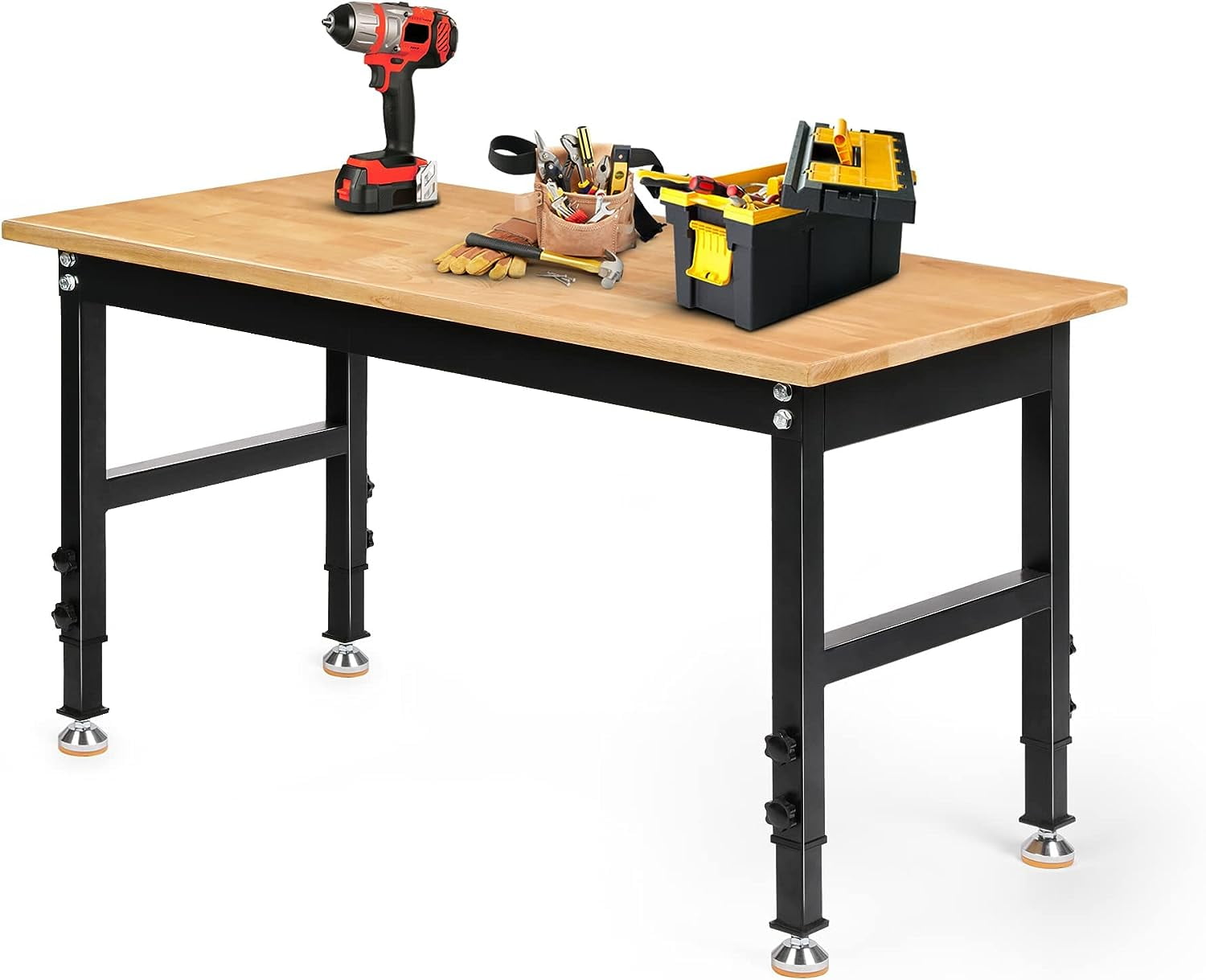 Tolead 48" HeavyDuty Adjustable Workbench, Rubber Wood Shop Table, Rubber Pads, Hardwood