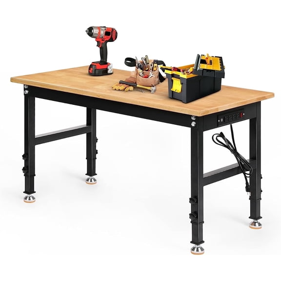Tolead 48" Heavy-Duty Workbench with Power Outlets, Rubber Wood Table, Workstation