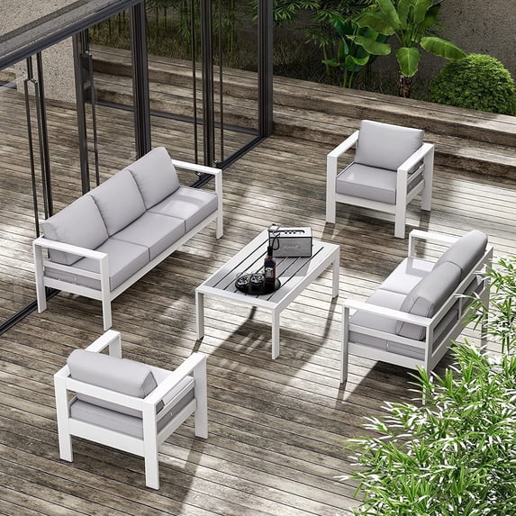 Tolead 5-Piece Outdoor Aluminum Patio Dining Set with 2 Armchairs, White