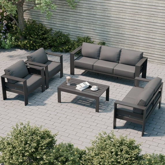 Tolead 5 Piece Outdoor Aluminum Patio Furniture Set with 2 Armchairs and Loveseat, Dark Gray/Gray
