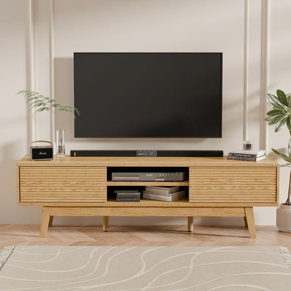 Tolead 59" Mid - Century Modern TV Stand – Natural Wood Low Profile Media Console with Sliding Fluted Doors for 55/60/65 Inch TVs, Stylish Entertainment Center for Living Room & Bedroom