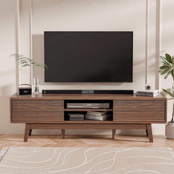 Tolead 59" Mid-Century Modern TV Stand – Walnut Low Profile Media Console with Sliding Fluted Doors for 55/60/65 inch TVs, Stylish Entertainment Center