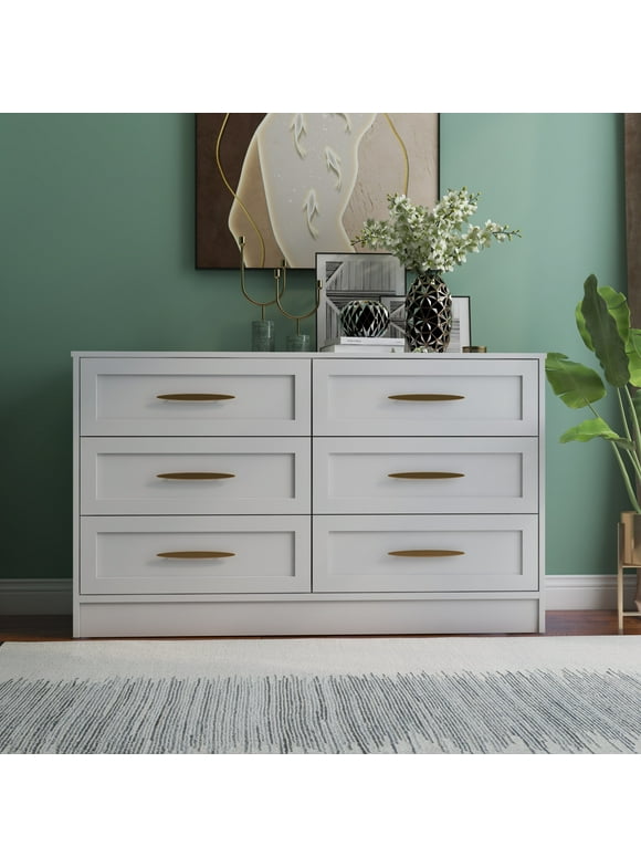 Tolead 6 Drawer Dresser, White Chest of Drawers with Gold Handle & Wide Drawers, Adults