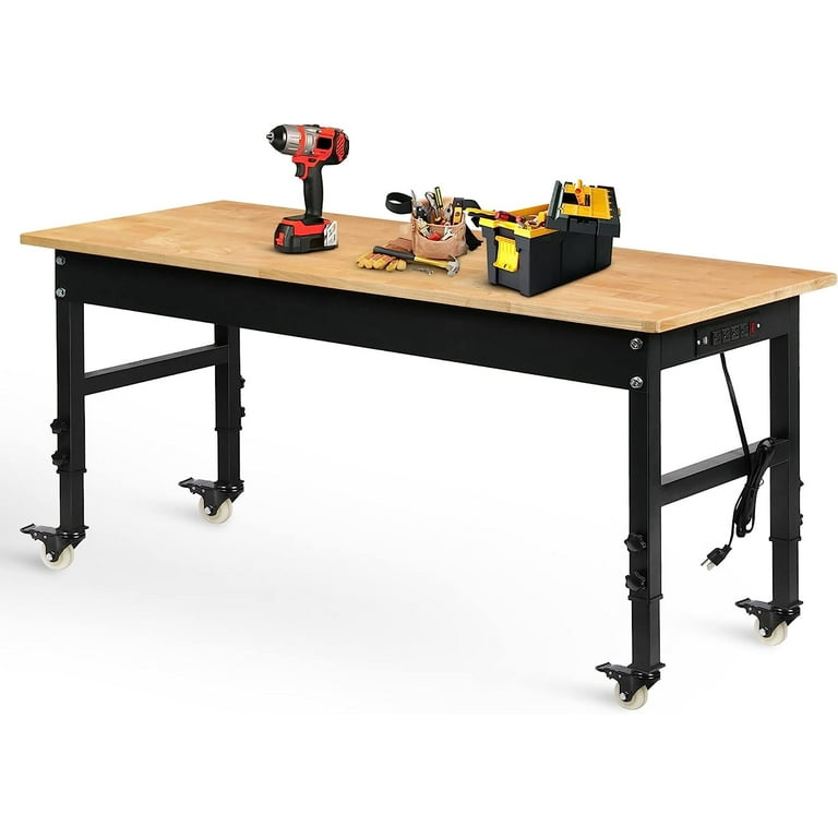 Tolead 60 Heavy Duty Adjustable Workbench with Power Outlets Rubber Wood Shop Table Metal Wheels Workstation