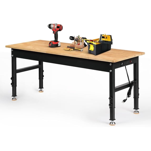 Tolead 60" Heavy-Duty Adjustable Workbench with Power Outlets, Rubber Wood Shop Table, Workstation