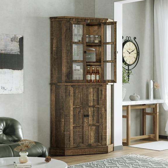 Tolead 67" Tall Farmhouse Corner Cabinet, 6 Tier Height-adjustable Corner Pantry Cabinet with Glass Door
