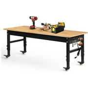 Tolead 70 Heavy-Duty Adjustable Rubber Wood Workbench, Wheels & Power Outlets & Double Pegboards