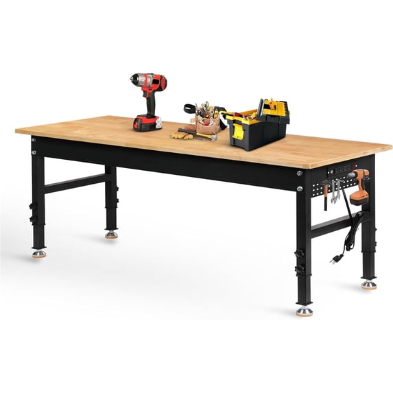 Tolead 70" Heavy-Duty Adjustable Workbench, Rubber Wood Shop Table, Workstation, Power Outlets & Pegboard