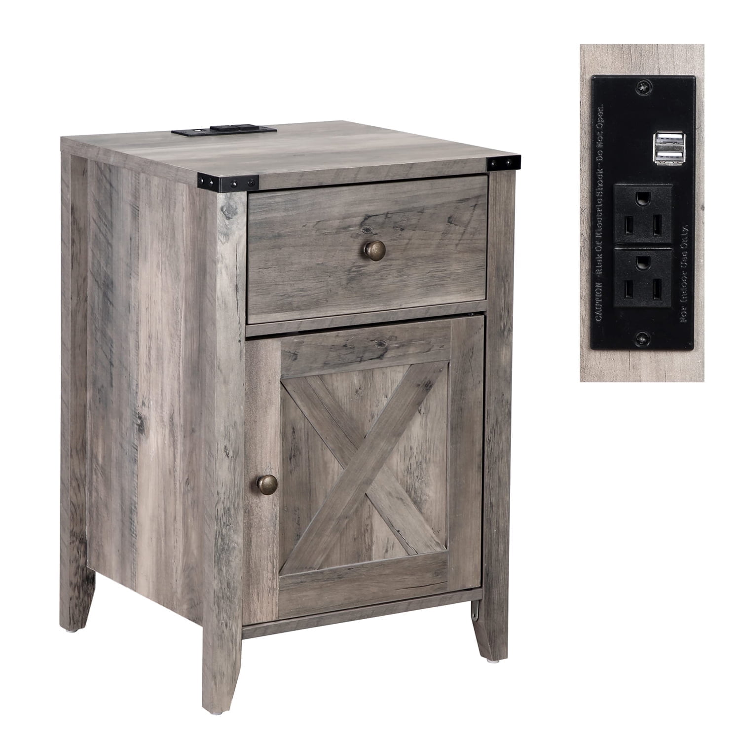 Tolead Barnwood Rustic Nightstand with Charging Station, Weathered Oak Style, Gray, 2 Pcs