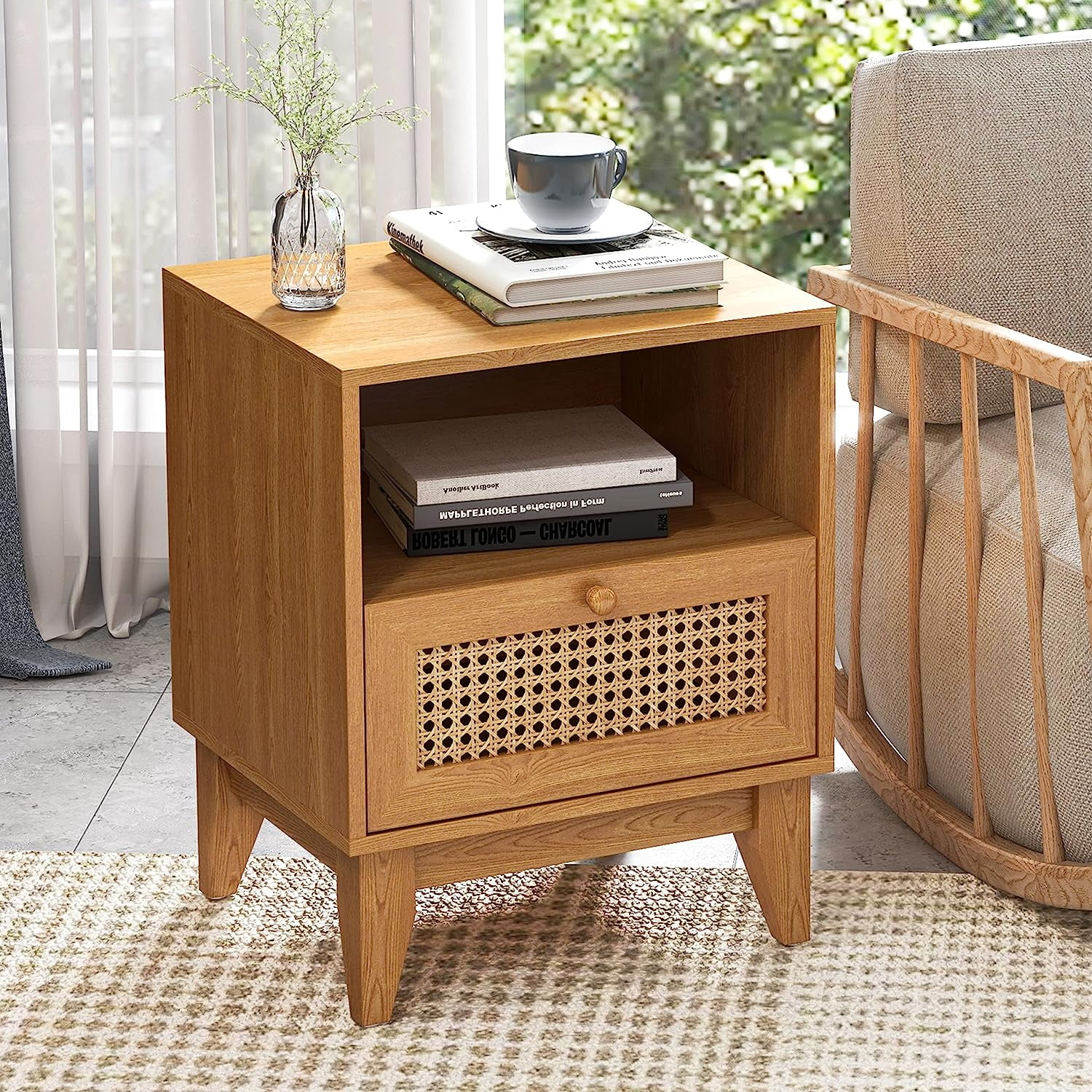 Tolead Boho Rattan Nightstand with Decor Drawer & Open Shelf, Living