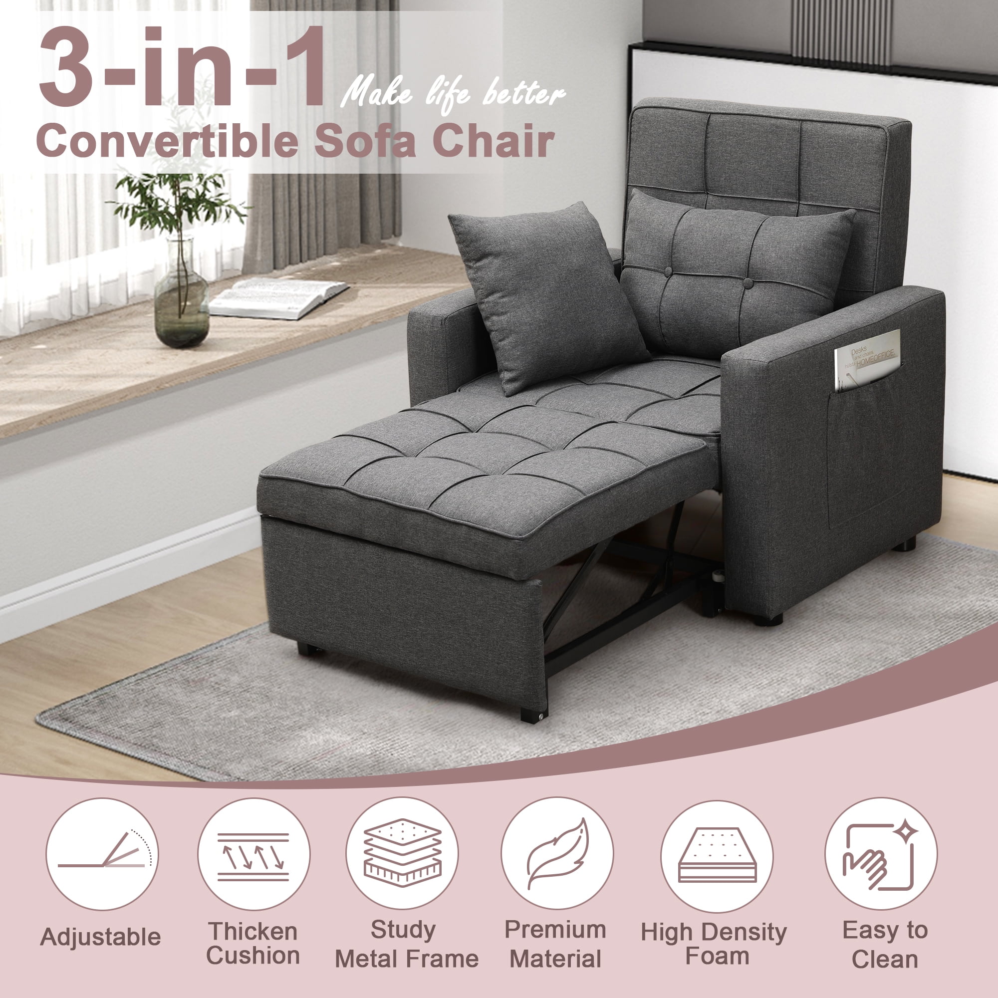 Tolead Convertible Folding Sleeper Sofa Chair Bed With Adjule Backrest Reading Bedroom Living Room Com