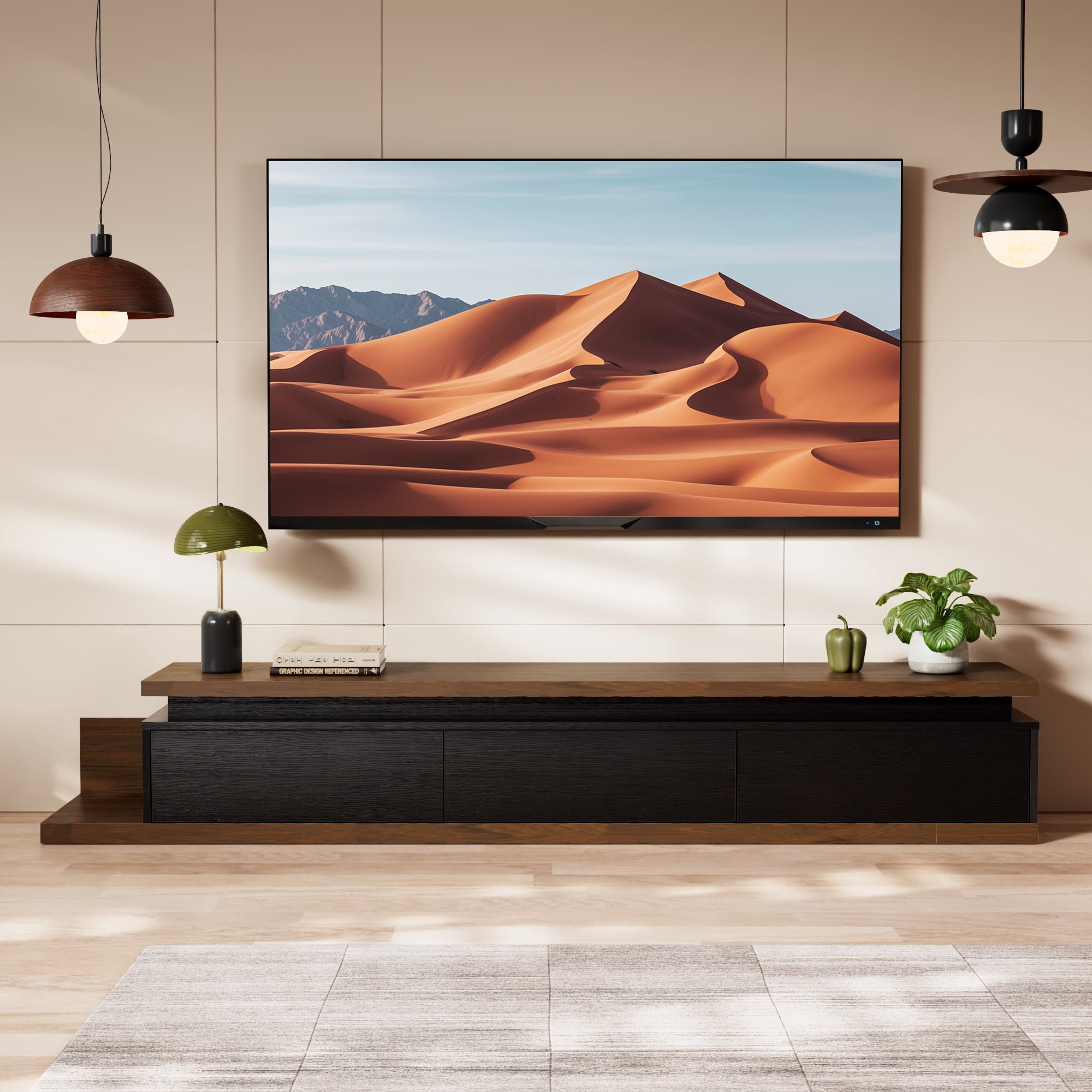 Tolead Extendable TV Stand with LED Lights – Modern Reversible Wood Entertainment Center for TVs 80"-106" with Three Drawers, Black & Walnut Finish, Ideal for Living Room & Bedroom
