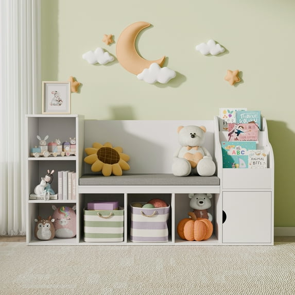 Tolead Kids Bookshelf with Reading Nook & Seat Cushion, 7 Storage Cubbies, Bedroom, Playroom, Nursery, White