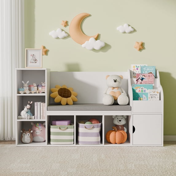 Zidtia Kids Bookshelf with Reading Nook & Seat Cushion, 7 Storage Cubbies, Bedroom, Playroom, Nursery, White