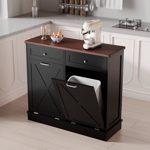 Tolead Kitchen Double Trash Cabinet Tilt Out Free Standing Storage Can with Hideaway Drawer and Countertop, Wood, Black