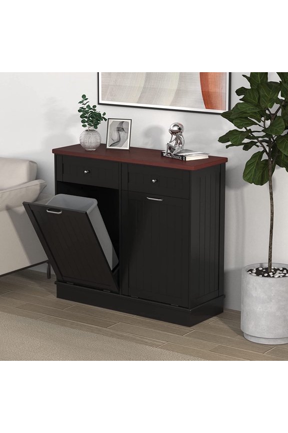 Kitchen Double Trash Cabinet Tilt Out Free Standing Storage with Hideaway Drawer and Countertop, Wood, Black