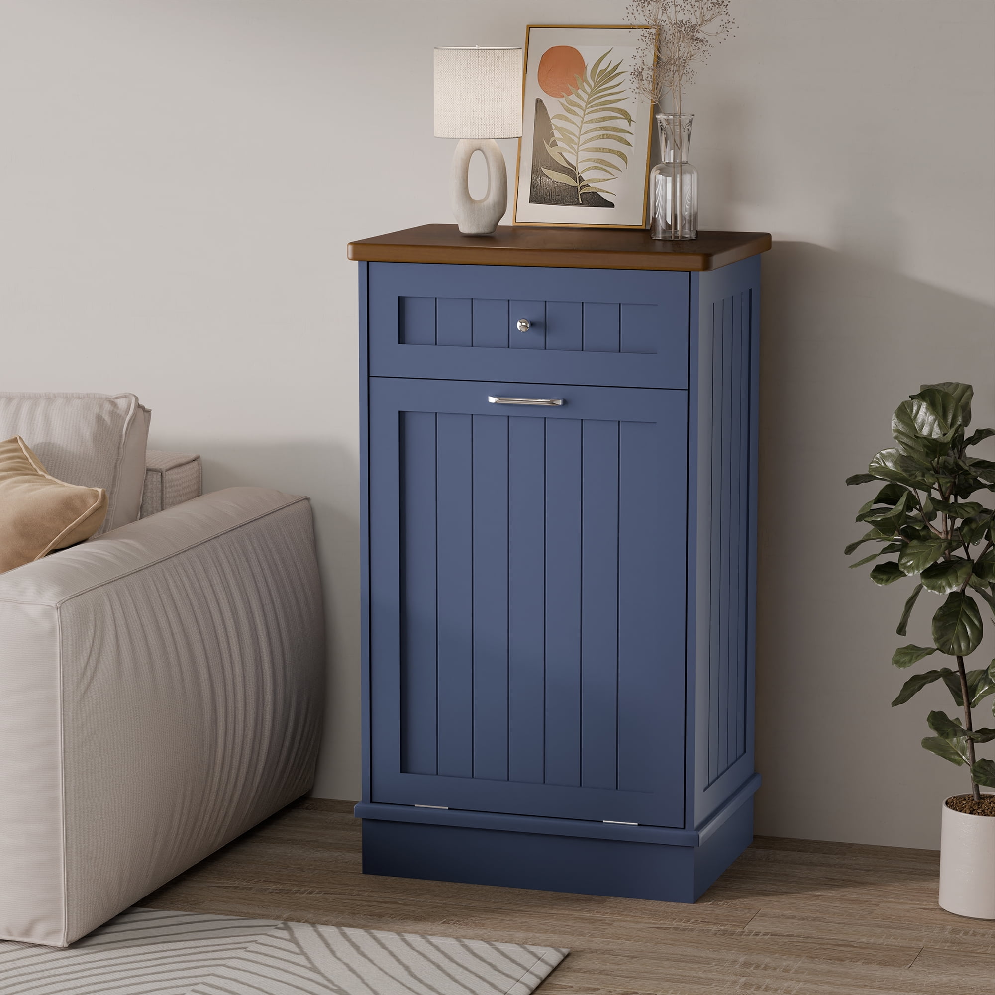 Blue Antique-Style Beadboard Kitchen Trash Cabinet with Wood Top