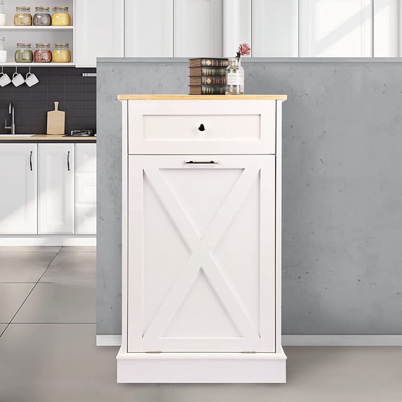 Tolead Kitchen Single Trash Cabinet Tilt Out Free Standing Storage Can with Hideaway Drawer and Countertop, Wood, White