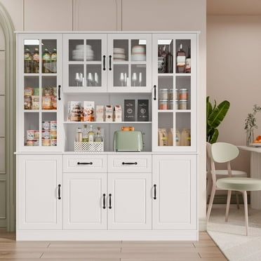 TOLEAD Adjustable Shelves Kitchen Hutch MDF Board/Tempered Glass White, 15.8" x 63" x 70.9"