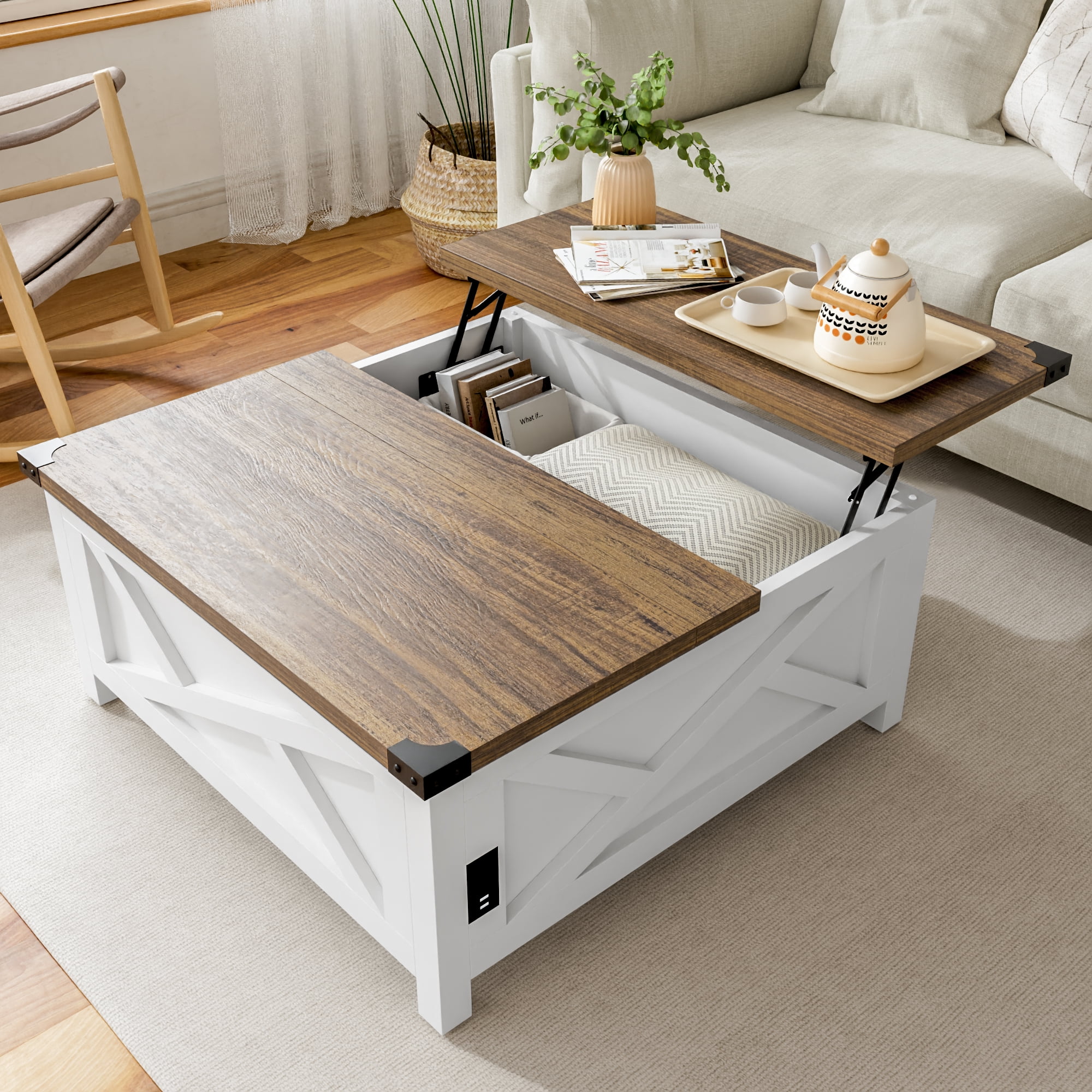 Square Coffee Table with Lift Top with Lift Top and Storage for Living Room White