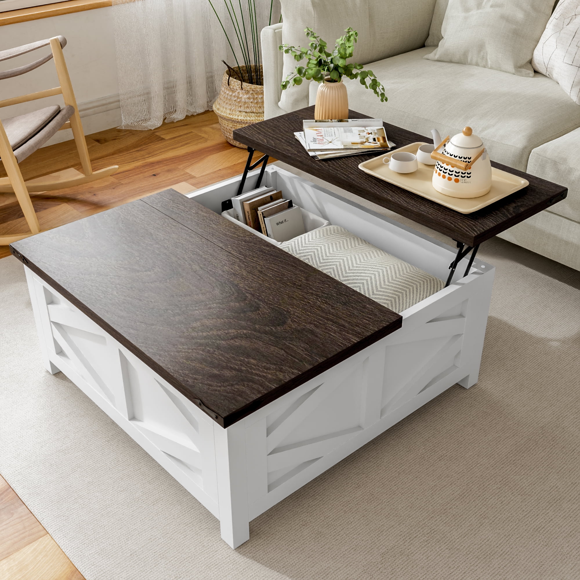 Square Coffee Table with Lift Top with Lift Top and Storage for Living Room White