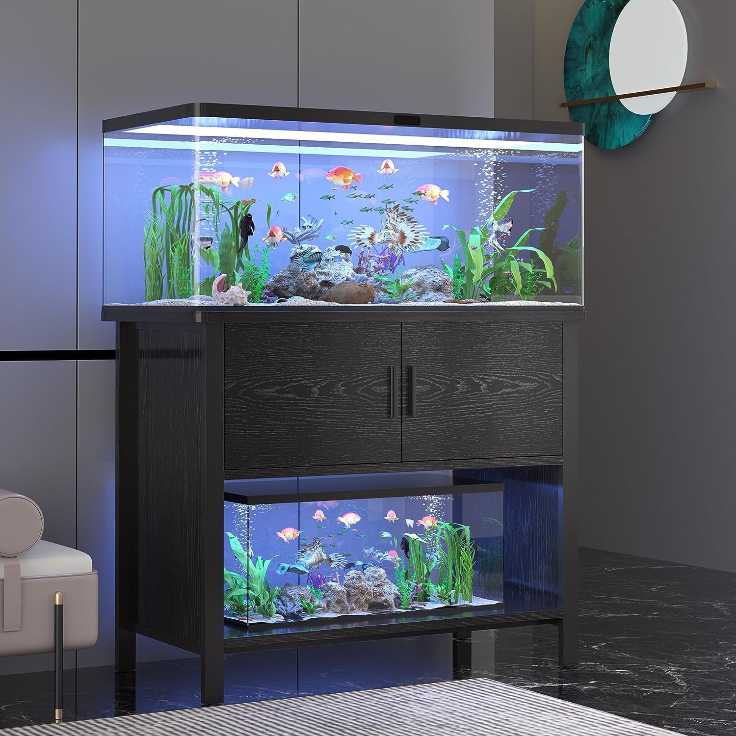 Tolead Metal Fish Aquarium Tank Stand with Cabinet, Accessories Storage,  18.9 D x 36.6 W Tabletop, Black
