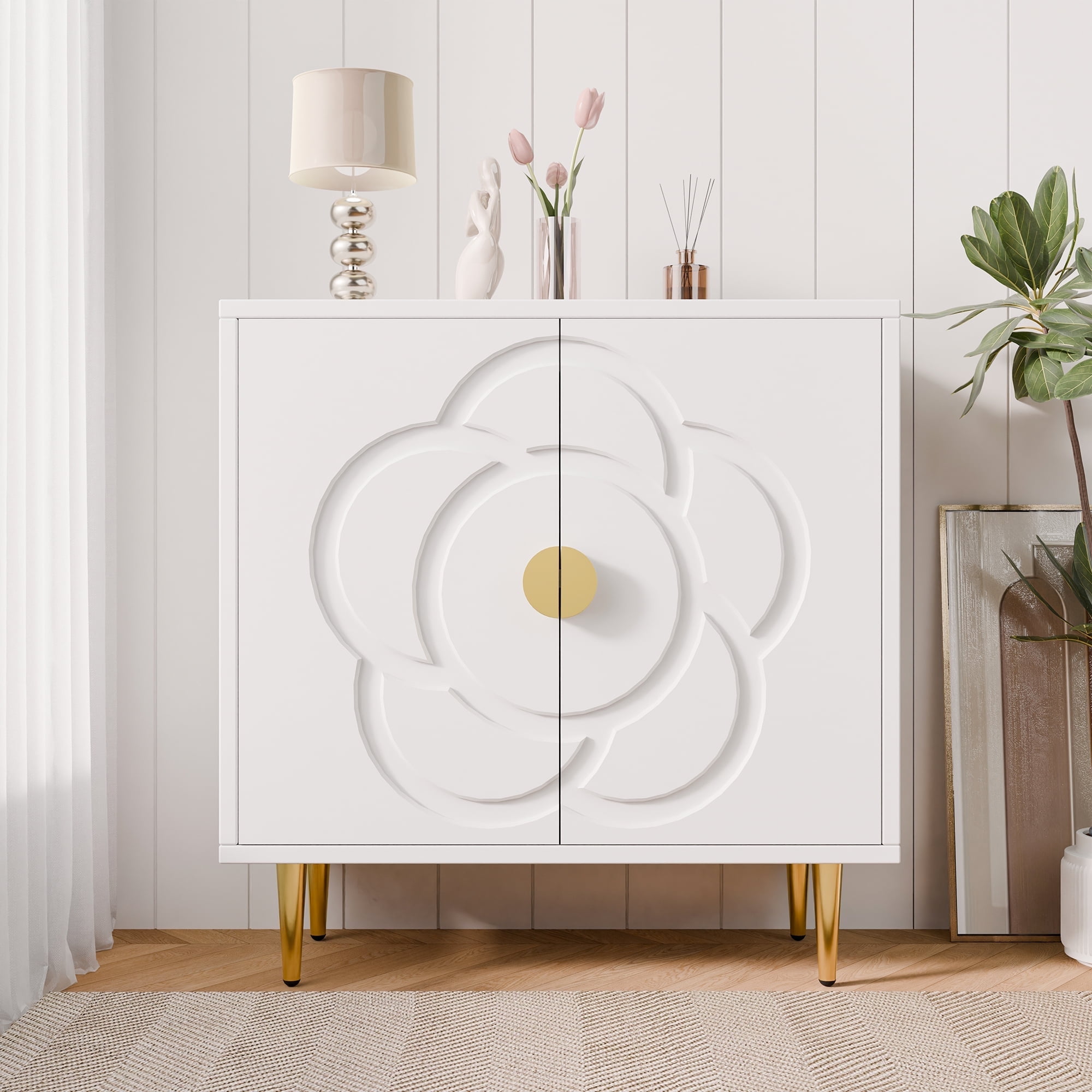 White MDF Storage Cabinet with Gold Legs and Floral Pattern