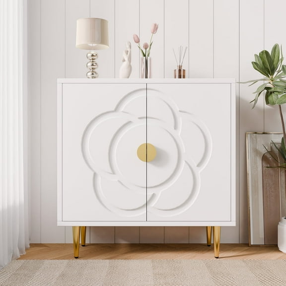 Tolead Modern Sideboard Buffet Cabinet with Flower Pattern Panel, 6 Shelves, White