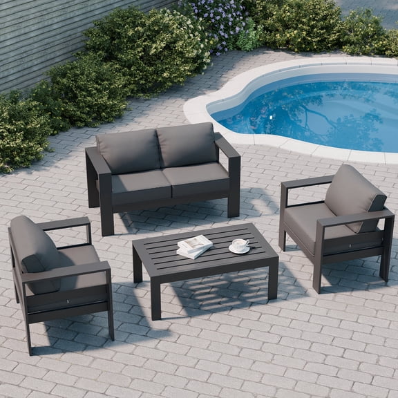 Tolead Outdoor Aluminum Patio Furniture Sets, 4-Piece with Cushion, Dark Gray