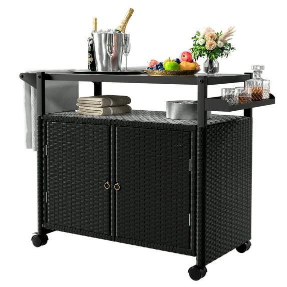 Tolead Outdoor Rolling Wicker Bar Cart, Patio Rattan Wicker Table with Wine Storage and Spice Rack for Pool, Party, Backyard