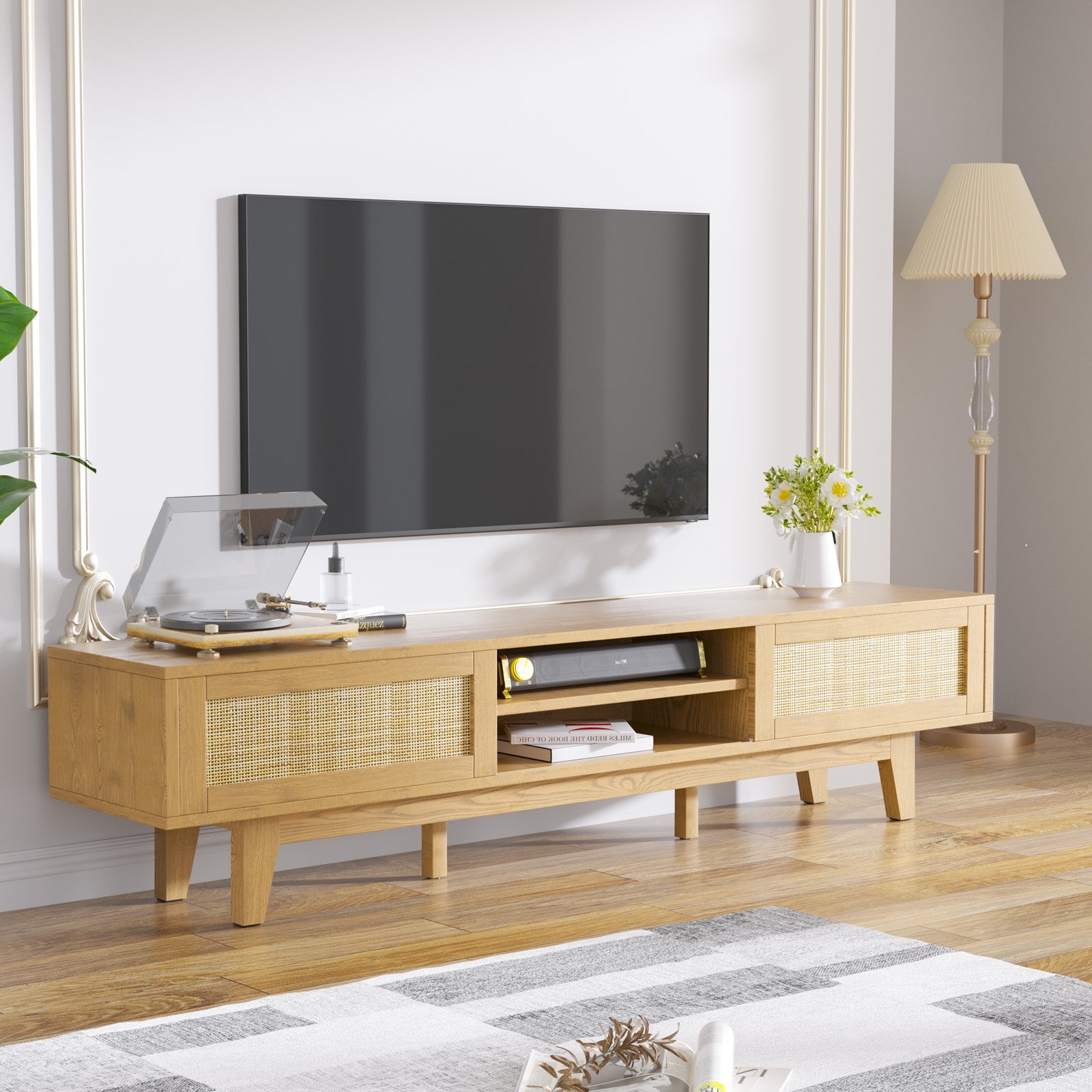 Tolead Rattan Low Profile TV Stands with Sliding Doors up to 65 TV Natural