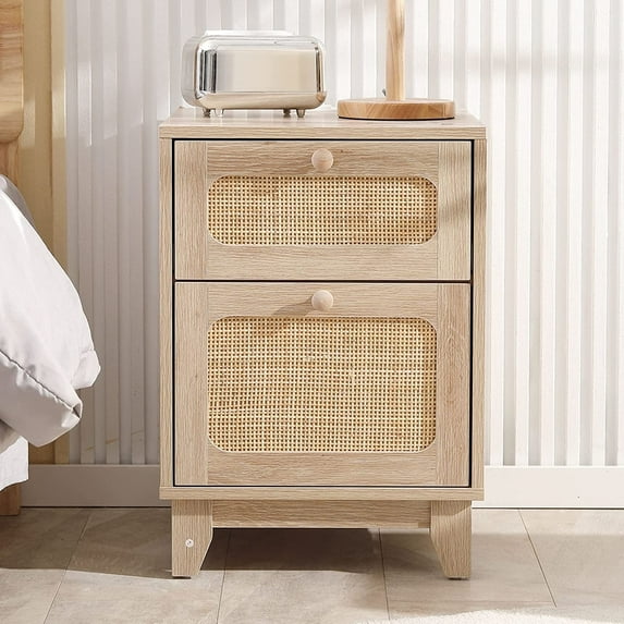 Tolead Rattan Nightstand Set with Charging Station, Handmade Rattan Decorated Drawer and Door, Natural