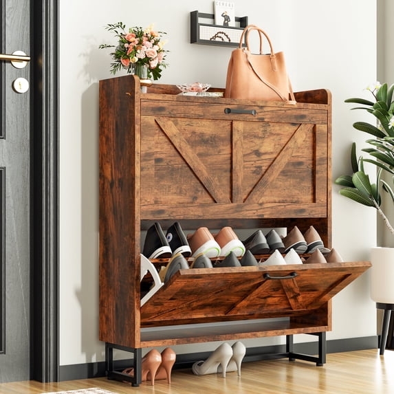 Tolead Shoe Storage Cabinet with 2 Flip Drawers, Metal Legs, Rustic Brown
