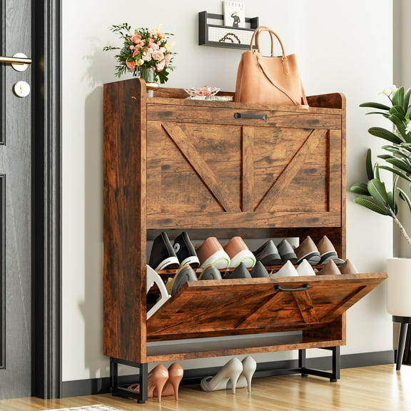 Tolead Shoe Storage Cabinet with 2 Flip Drawers, Metal Legs, Rustic Brown