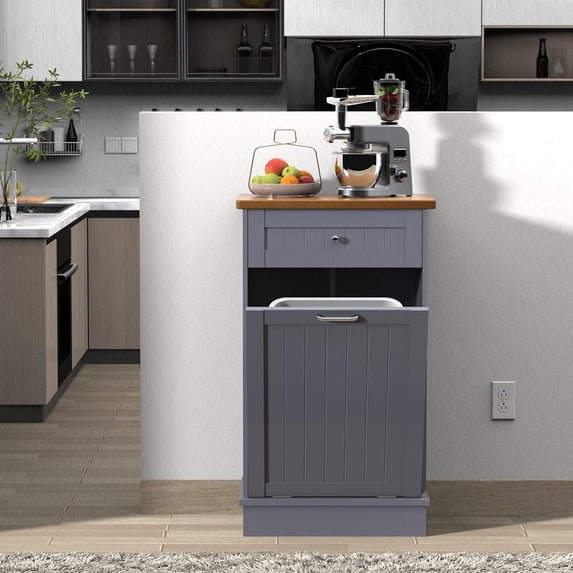 Tolead Single Tilt Out Trash Cabinet with Hideaway Drawer, Coffee, 10 Gallon, Gray