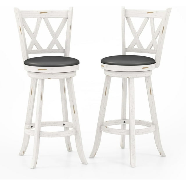 Tolead 2 Piece 29" Swivel Bar Stools with Double X-Back, Upholstered 360 Degree Swivel Dining Chair with PVC Cushioned Seat, White